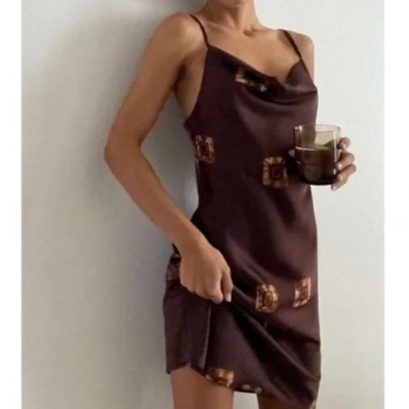 Urban Outfitters Dresses & Skirts - NEW UO Urban Outfitters Brown Mallory Cowl Neck Satin Slip Mini Dress Large